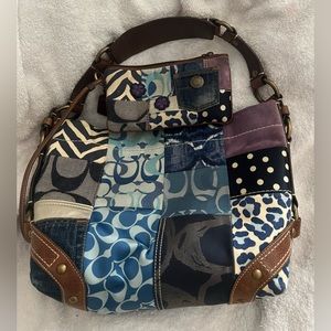 RARE Coach Navy Patchwork Signature Carly Handbag with matching wristlet.